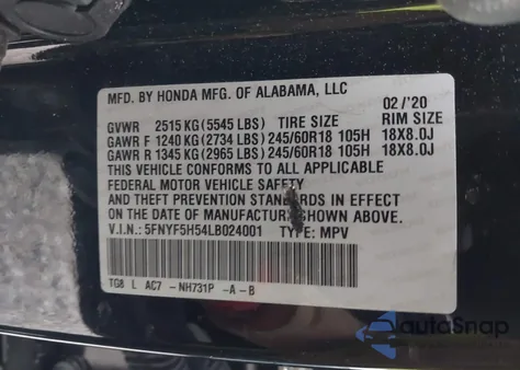 2020 Honda Pilot 2Wd Ex-L z USA, uszkodzony, nr VIN 5FNYF5H54LB024001